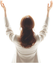 後ろ姿で後ろ向きに両手を上げる女性
