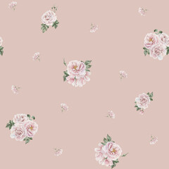 Rose hip pink flowers with buds and green leaves, Victorian style, watercolor seamless pattern on peach pink background