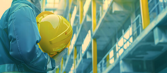 Engineering workers standing and observing a construction site, dressed in yellow hard hats and safety suits. Illustrating the concepts of construction planning and workplace safety.