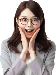 笑顔で驚くメガネの女性