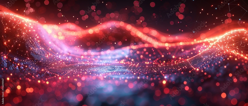 Aufkleber Abstract illustration of data technology. Low poly shapes with connecting lines and dots on dark background. 3D rendering. Big data visualization.