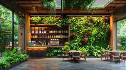 Modern cafe or restaurant with living green wall, biophilic design, and vertical gardening