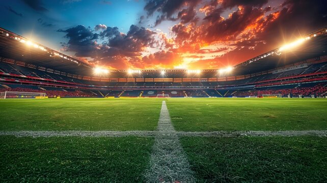 Sunny football field at sunset
