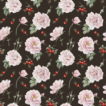 Rose hip pink flowers with buds, red berries and leaves, watercolor seamless pattern on dark background.