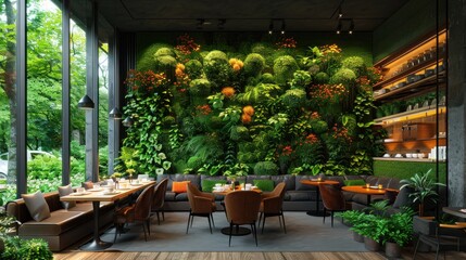 Fototapeta na wymiar Modern cafe or restaurant with living green wall, biophilic design, and vertical gardening