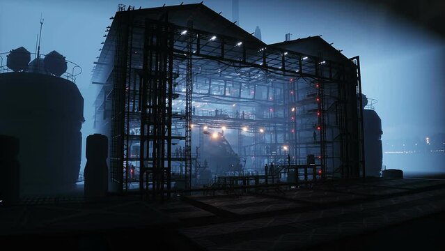 Production of military futuristic ship at the factory. People and robots Future concept. Realistic 4k animation.