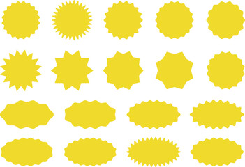 Starburst yellow sticker set, collection of special offer sale oval and round shaped sunburst labels and badges. Promo stickers and badges, seal, stamp, print with star edges. Vector.