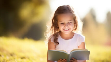 little girl smiling with book in the park back to school concept