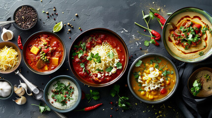 table with spicy asian food, top view