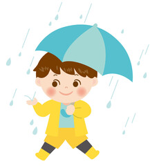 雨の日にお散歩する男の子のイラスト