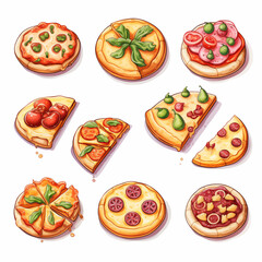 a collection of cute isometric icons on a white background, sliced pizza