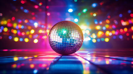 mirrored disco ball on dance floor with colored lights