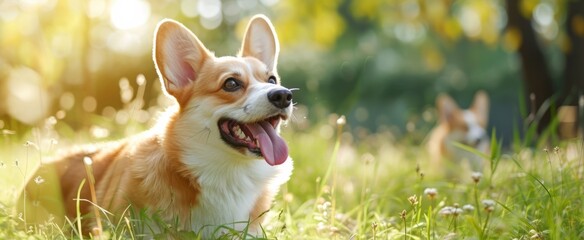 Happy Pembroke Welsh Corgi Dog Enjoying a Sunny Day in the Park with Vivid Green Grass Background