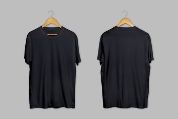 Black and white oversize hanging t-shirt mockup isolated on a grey background. unisex modern casual t-shirt front and back side. 3d rendering.	