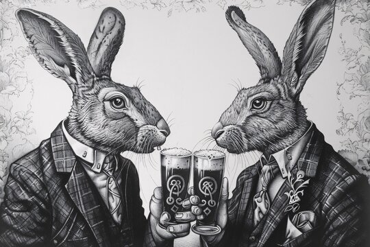 Bunny Boogie Two Bunnies Toasting with Beer Generative AI