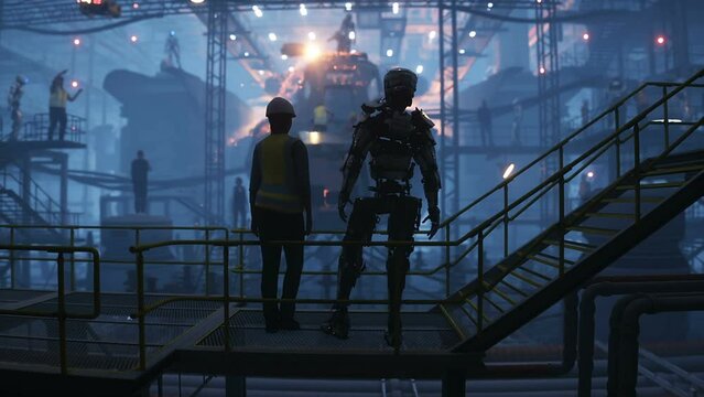 Production of military futuristic ship at the factory. People and robots Future concept. Realistic 4k animation.