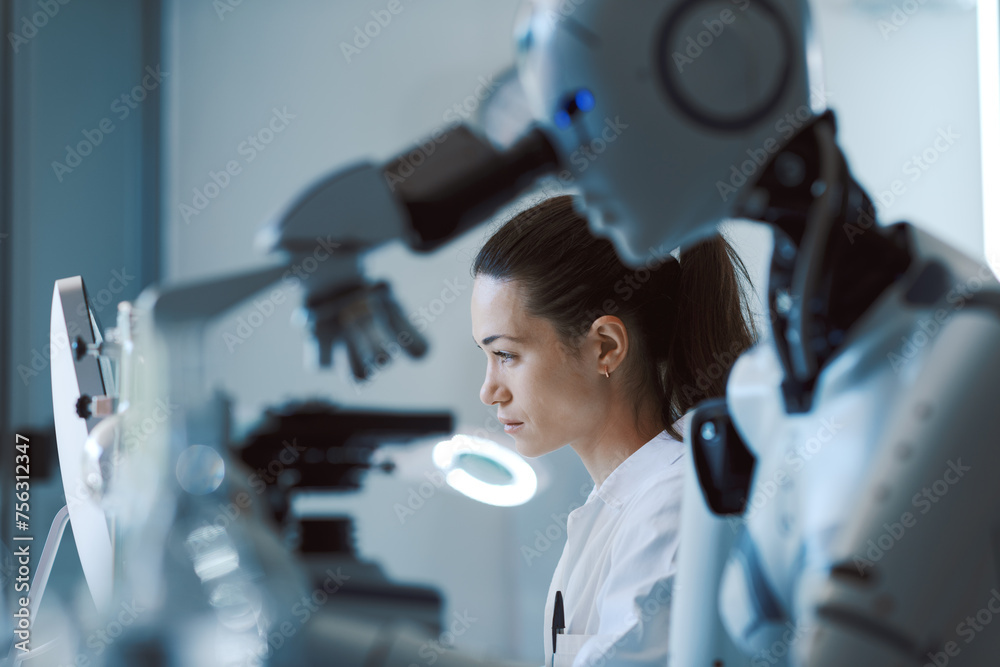Wall mural ai robot examining samples under a microscope