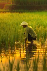 Fototapeta na wymiar A rice farmer tends to their crops in a lush green paddy field, surrounded by ripening rice plants 🌾🌾🌾