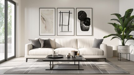 Modern Living Room with White Couch and Artwork Generative AI