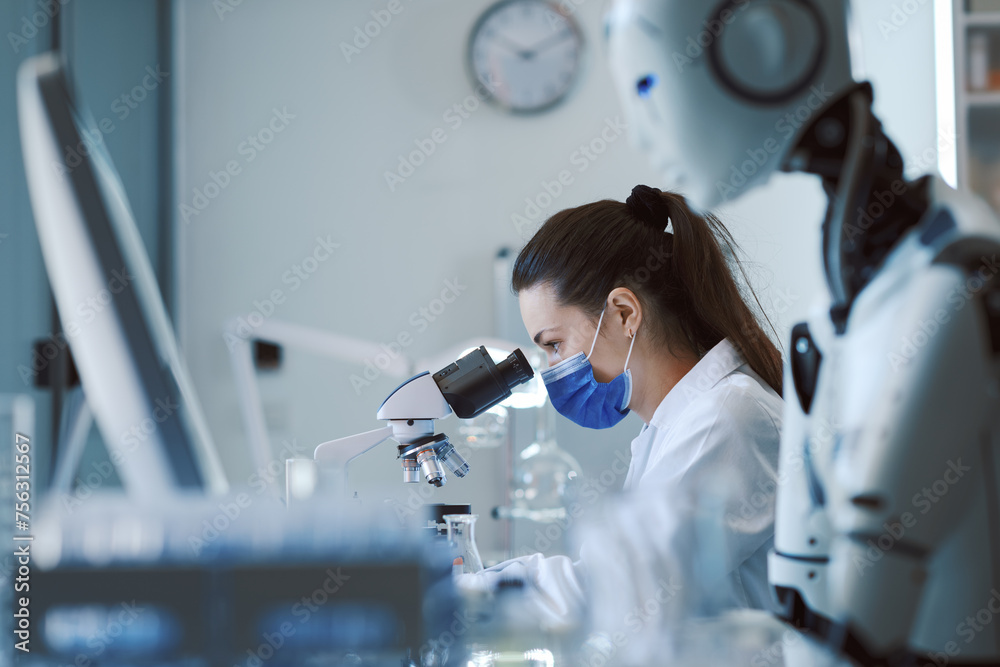 Wall mural scientist and humanoid ai robot in the science lab