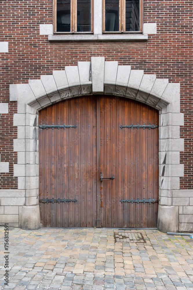 Wall mural old wooden door in a brick wall