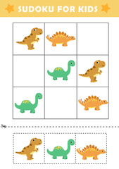 Sudoku logical reasoning activity for kids. Fun sudoku puzzle with cute dino illustration. Children educational activity worksheet. Sudoku game for children.