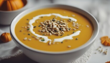 view of Pumpkin cream soup with seeds Healthy eating Vegetarian food Diet