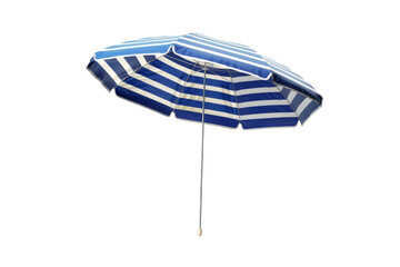 A blue and white striped umbrella standing tall on a white background - obrazy, fototapety, plakaty