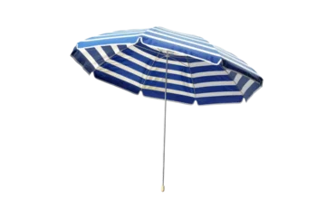 Fotobehang A blue and white striped umbrella standing tall on a white background © Hashi