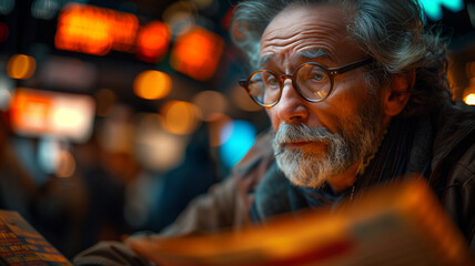 Older man with glasses reading newspaper
