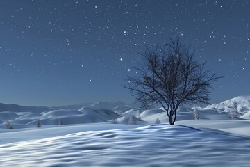 Snowy Night Sky A Wintery Nighttime Scene with a Tree and Mountains Generative AI