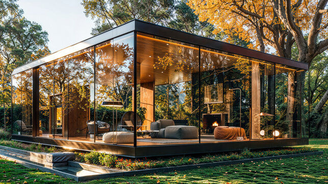 The image captures a sleek, modern glass house with exquisite interior lighting that creates a welcoming ambiance amid the calm of a twilight setting
