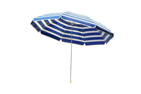 A blue and white striped umbrella standing tall on a white background