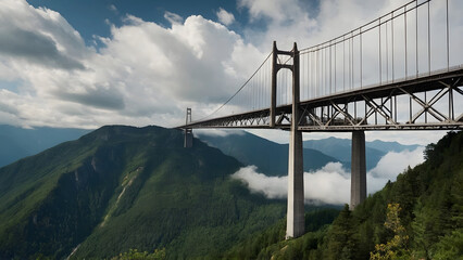 Bridge soaring over majestic mountains, amidst the beauty of San Francisco's skyline, suspended...