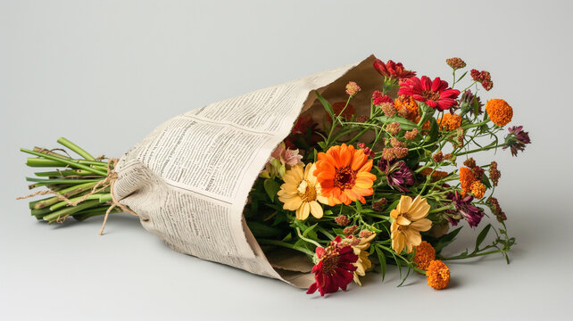 Bouquet of flowers wrapped in newspaper