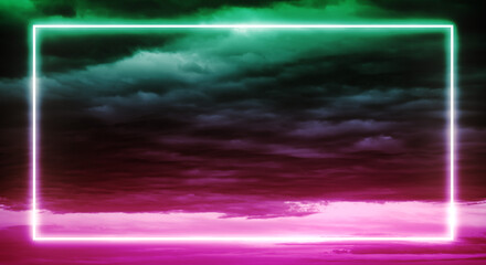 暗い雲の背景と緑紫のネオンの光フレームの壁紙背景　　
テキストタイトルスペース　SF・都市伝説