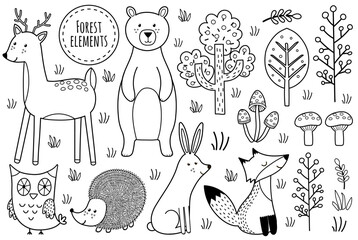Cute forest animals black and white collection. Woodland characters set in outline for coloring. Bear, fox, deer, hedgehog and others. Vector illustration
