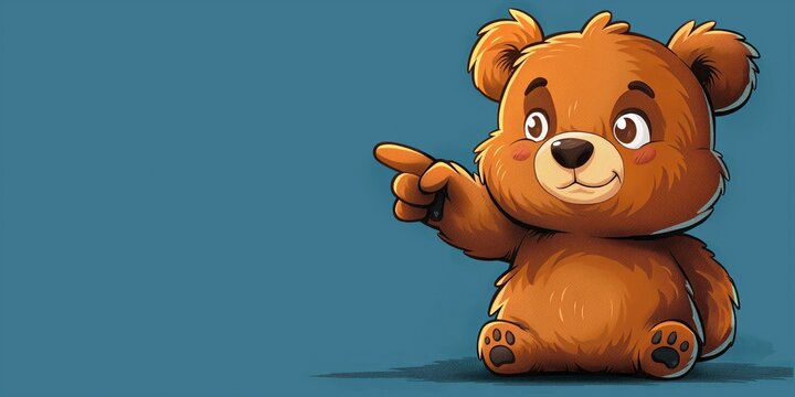 cartoon character plush teddy bear points finger at copy space on a blue isolated background