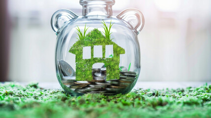 Saving to buy a house or home savings concept with grass growing in shape of house inside transparent piggy bank. Generative AI - obrazy, fototapety, plakaty