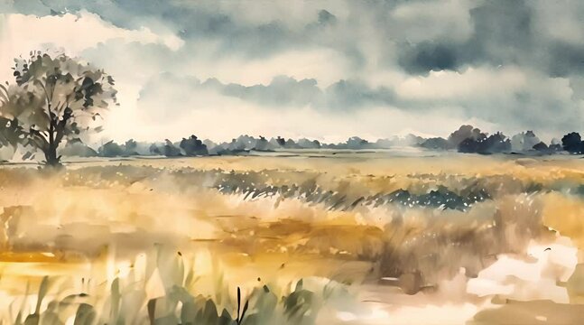 meadow sun nature outdoor landscape background from watercolor