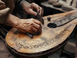A skilled artisan handcrafting traditional musical instruments with expertise and precision...