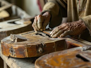 A skilled artisan handcrafting traditional musical instruments, showcasing intricate details and craftsmanship 🎶🛠️
