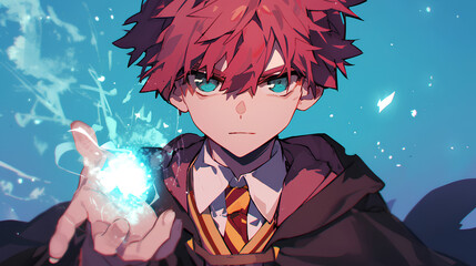 anime male wizard uniform, red hair
