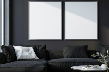 Dark living room interior with empty white poster, panoramic window, sofa, bookshelves, carpet and concrete floor.