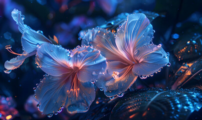 Neon flowers at rainy night, Generative AI 