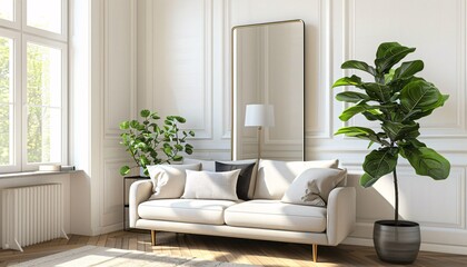 Modern Living Room Design A Blend of White and Gold Furniture, Mirrors, and Plants Generative AI