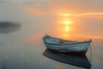 Sunrise reflection on a serene lake with boat