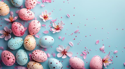 Fototapeta na wymiar Easter decoration colorful eggs on blue background with copy space. Beautiful colorful easter eggs. Happy Easter. Isolated. 