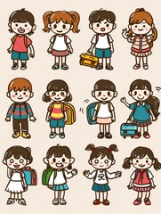 Happy kids cartoon collection. Multicultural children in different positions isolated on white background