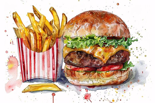 Fries and Shakes A Delicious Burger and Fries Painting Generative AI